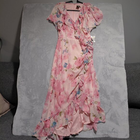 NWT Taylor Pink Chiffon Flutter Sleeve Faux Wrap Assymetrical Maxi Dress Size 8 - Picture 15 of 16